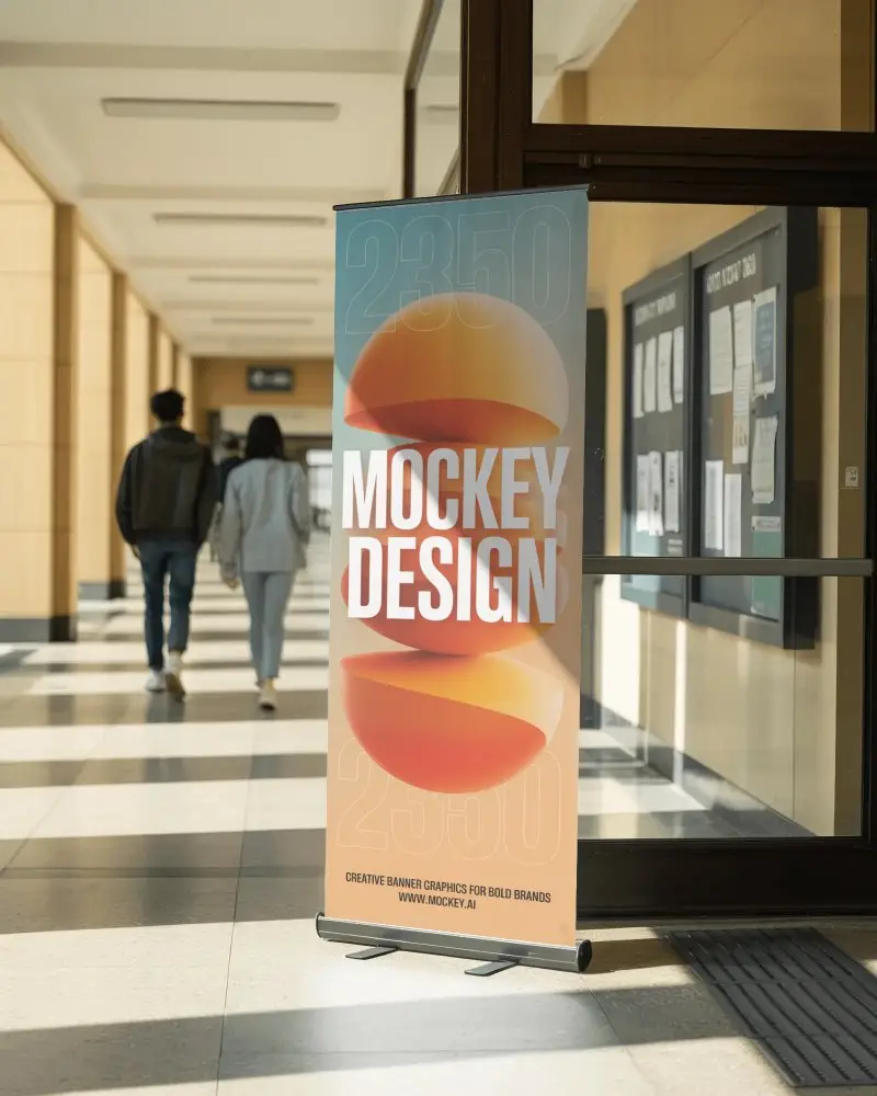 Vertical Pull Up Display Banner Mockup In Commercial Or Educational Building For Announcements