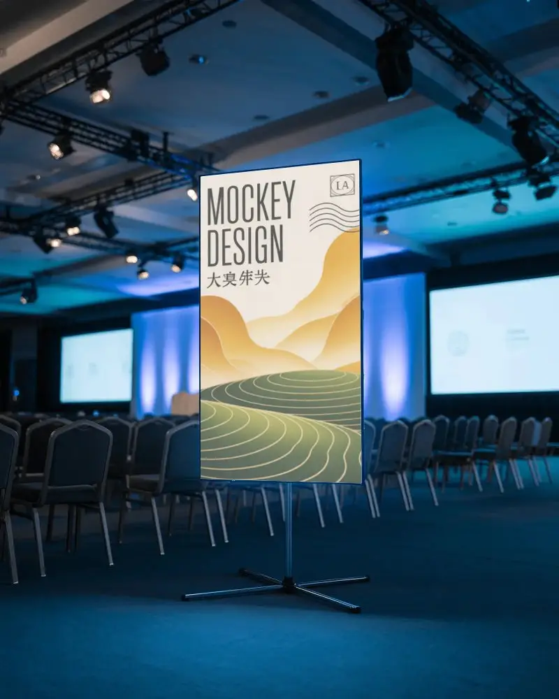 Blank Vertical Presentation Banner Mockup Display In Modern Conference Hall For Advertising