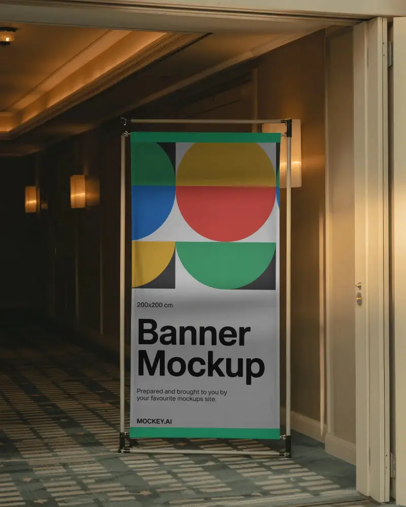 Blank Vertical Banner Mockup On Portable Stand For Indoor Marketing Display
