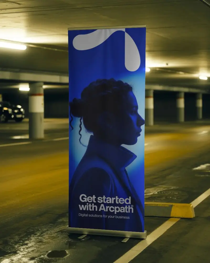 Vertical Blank Pull Up Banner Mockup In Modern Underground Parking Lot For Advertising