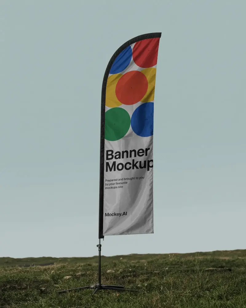 Customizable Vertical Advertising Banner Mockup With Flexible Support And Ground Mount Stable