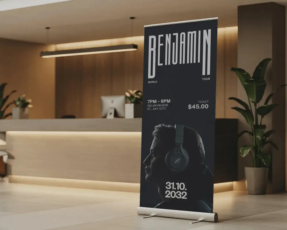 Modern Office Reception Area With Blank Pull Up Display Banner Mockup For Advertising