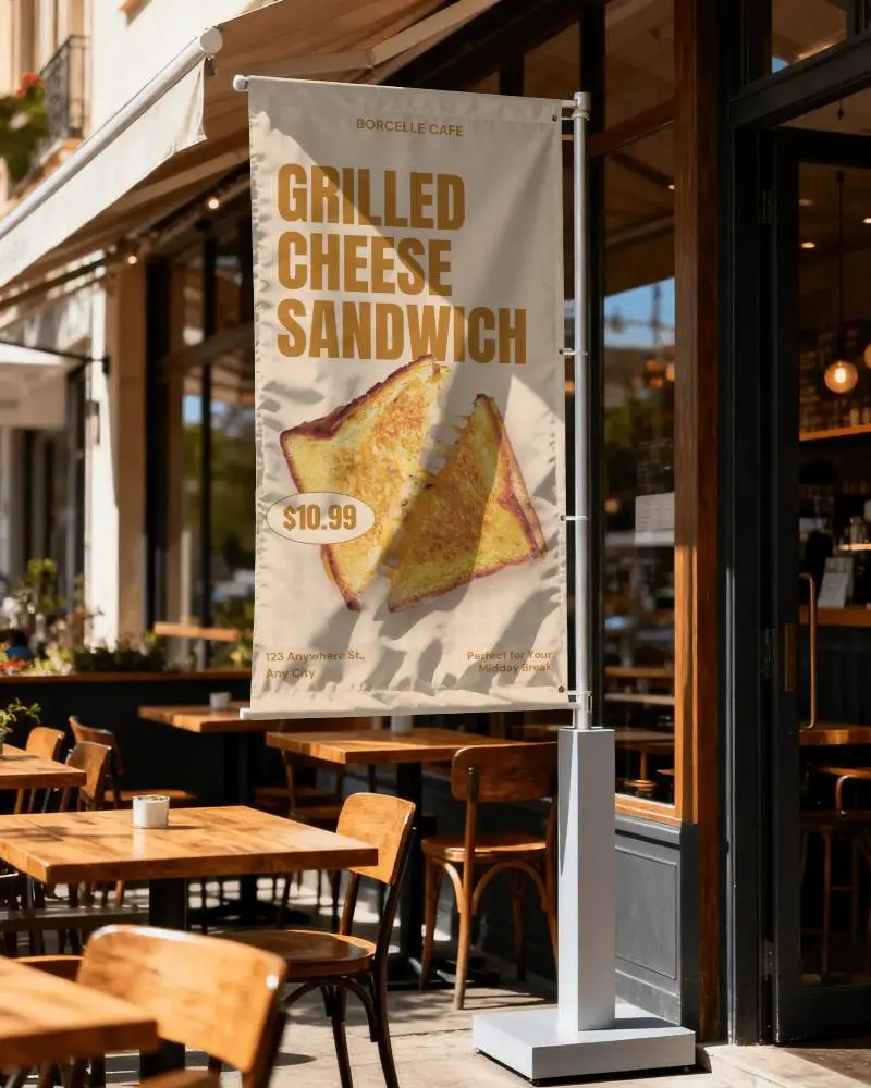 Outdoor Cafe Sidewalk Banner Mockup Restaurant Setting Natural Sunlight And Wooden Furniture Scene