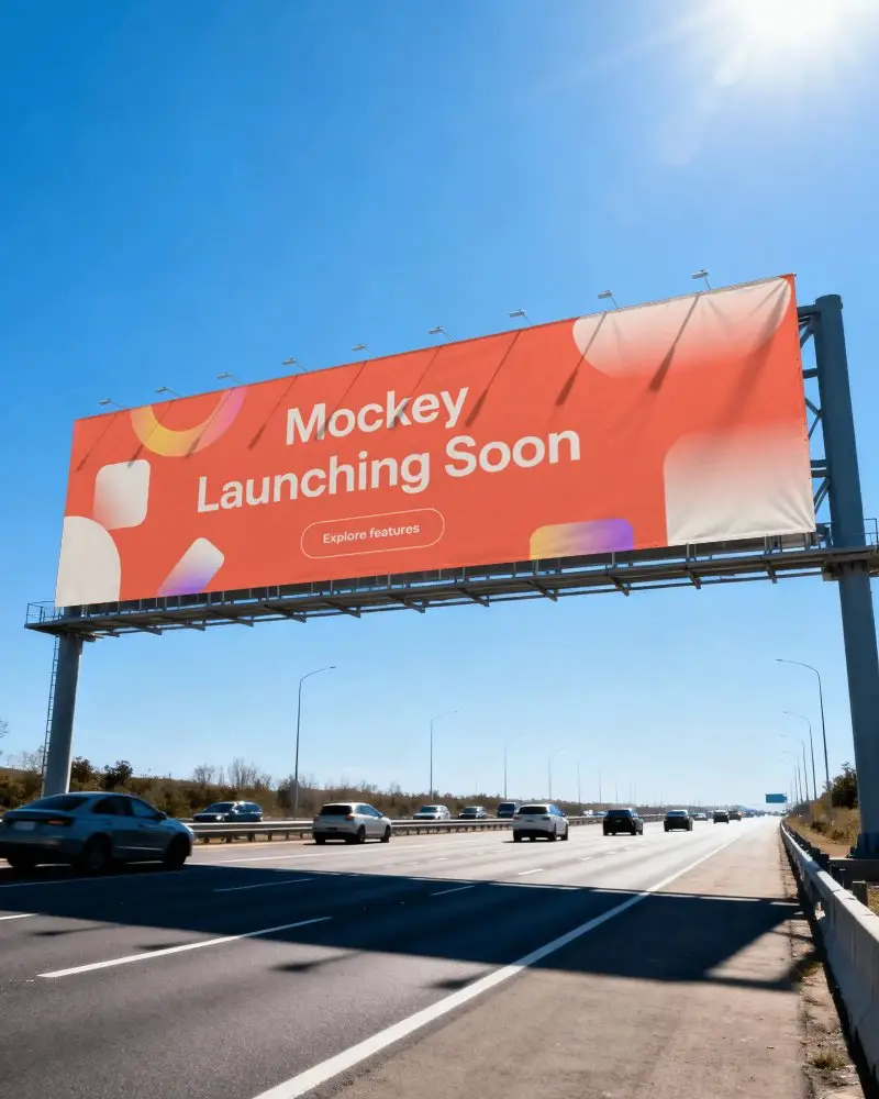Highway Billboard Banner Mockup Large Scale Roadside Advertising With Clear Blue Sky