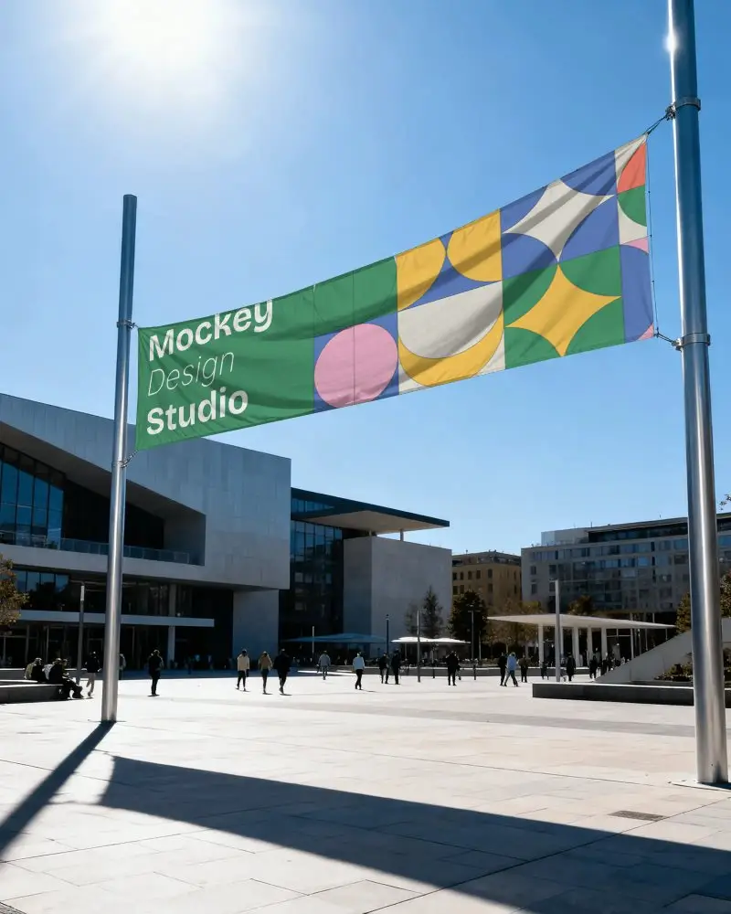 Urban Plaza Banner Mockup Large Fabric Display Between Poles With Open Public Space And Clear Sky
