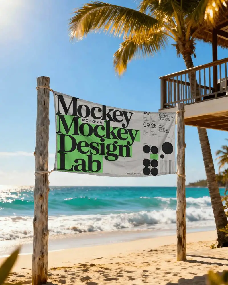 Tropical Beach Banner Mockup Fabric Display Between Wooden Posts With Ocean Waves And Palm Trees