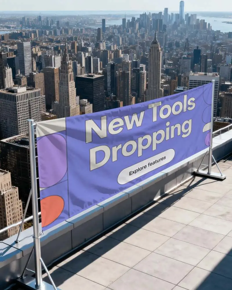 Rooftop Cityscape Banner Mockup Fabric Display With High Rise Skyline And Open Terrace View