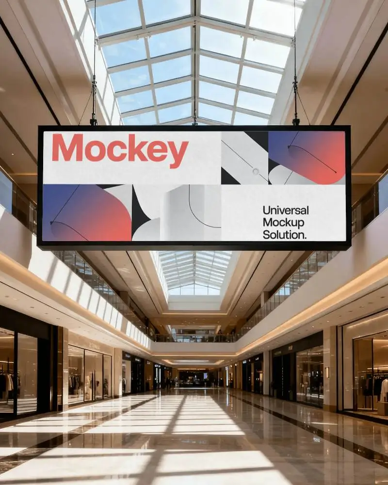 Shopping Mall Hanging Banner Mockup Wide Indoor Display With Glass Roof And Symmetrical Architecture