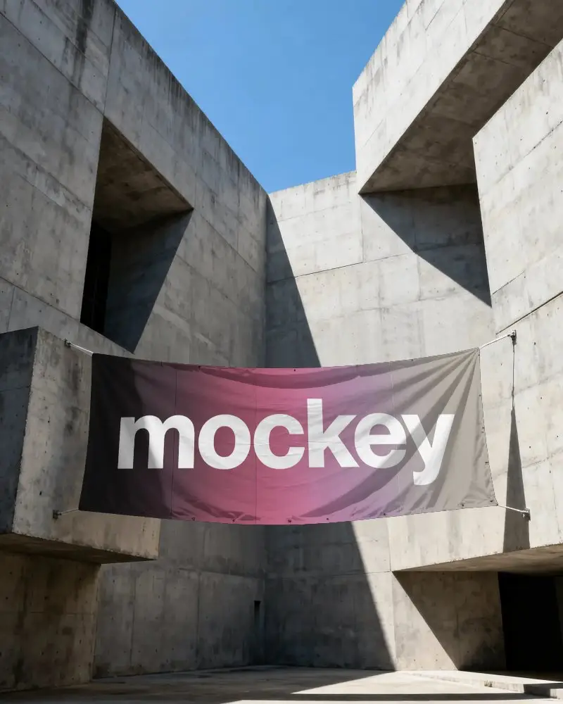 Brutalist Courtyard Banner Mockup Fabric Display Between Concrete Walls With Deep Shadow Geometry