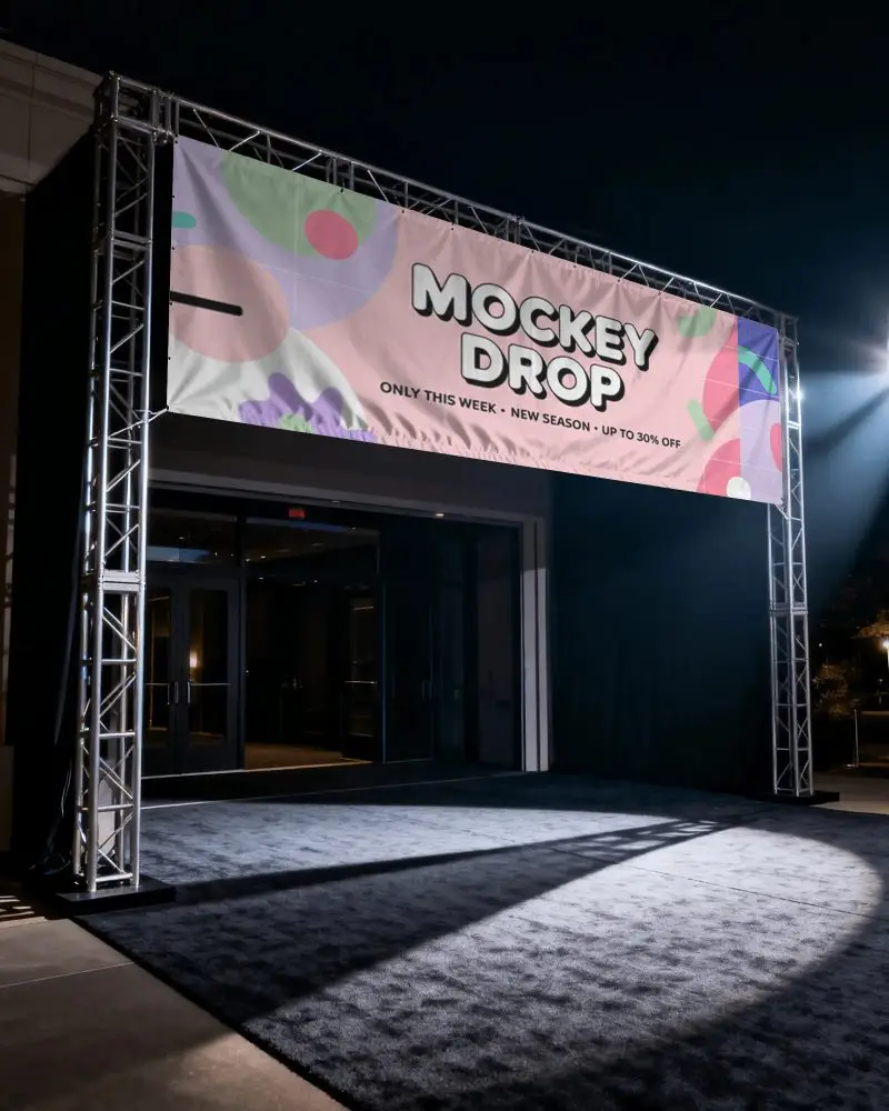 Event Entrance Truss Banner Mockup Night Scene With Spotlight And Carpeted Walkway