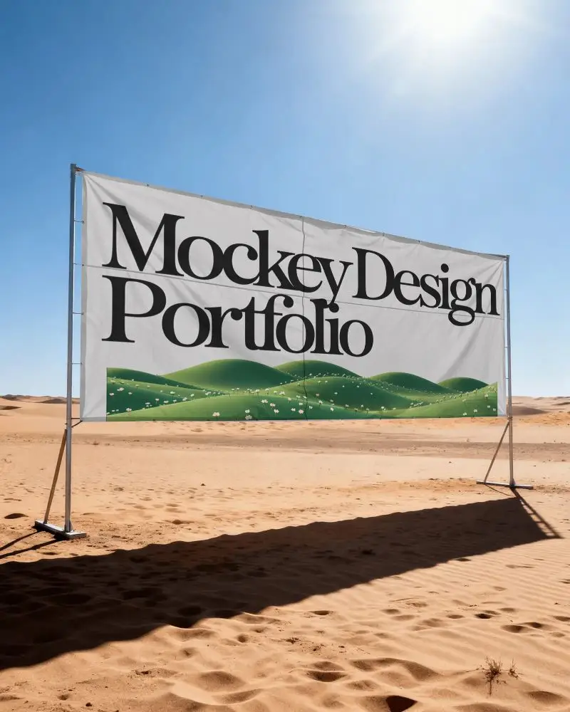 Desert Outdoor Banner Mockup Fabric Display With Sand Dunes And Clear Sunlit Sky