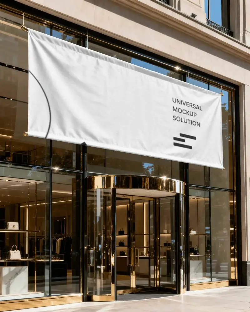 Luxury Storefront Banner Mockup Hanging Fabric Display Above Glass Entrance With Architecture