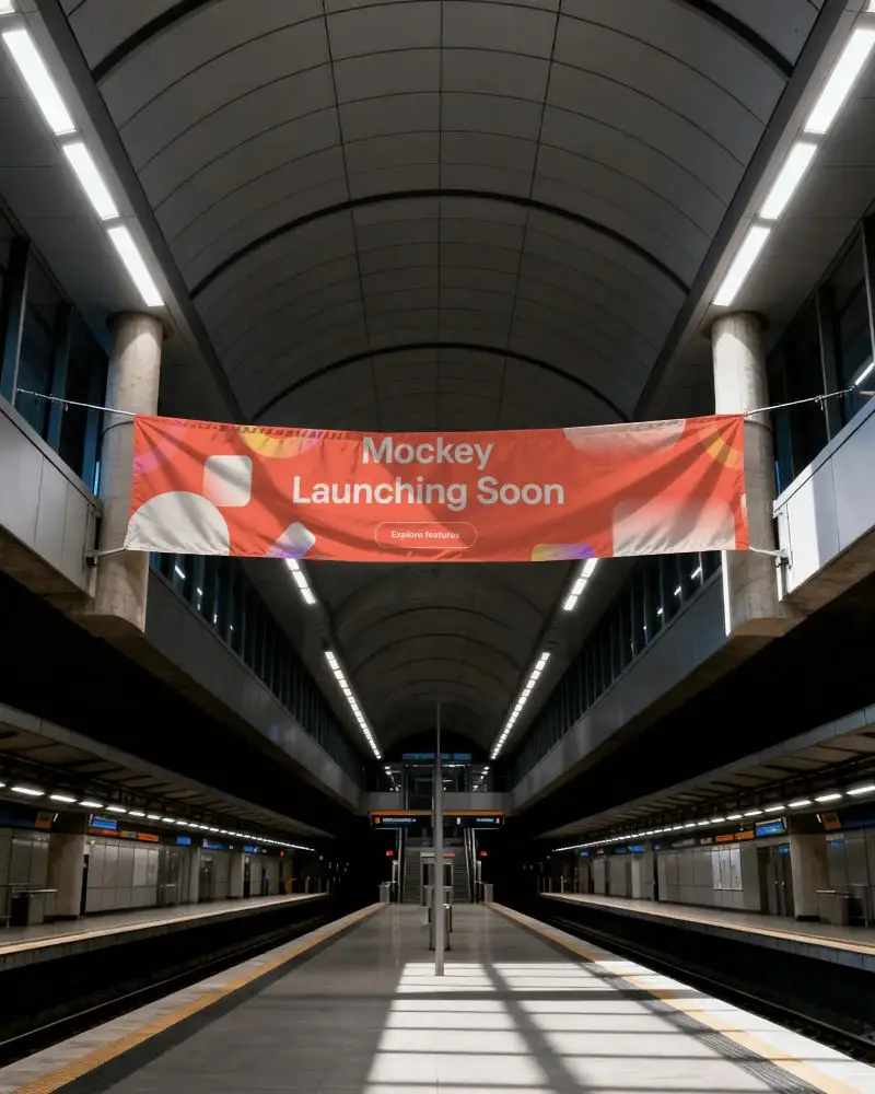 Subway Station Banner Mockup Hanging Fabric Display Above Platform With Symmetrical Architecture