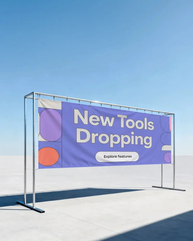 Minimal Outdoor Banner Mockup Fabric Frame Display With Clean Ground And Open Blue Sky