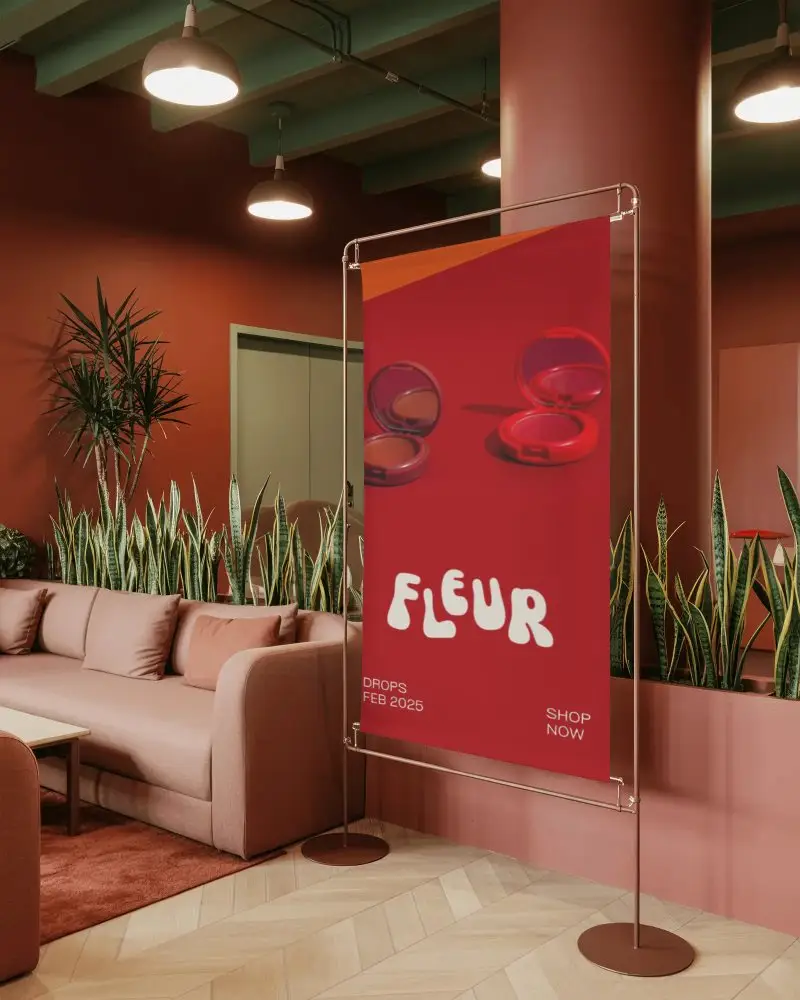 Stylish Interior Room With Large Blank Banner Mockup Stand For Advertising Or Presentation