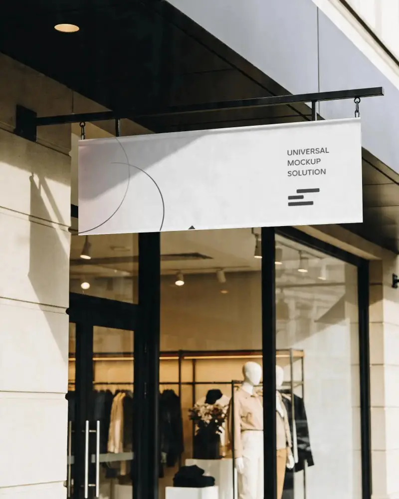 Modern Storefront Hanging Blank Banner For Retail Shopfront Advertising Display