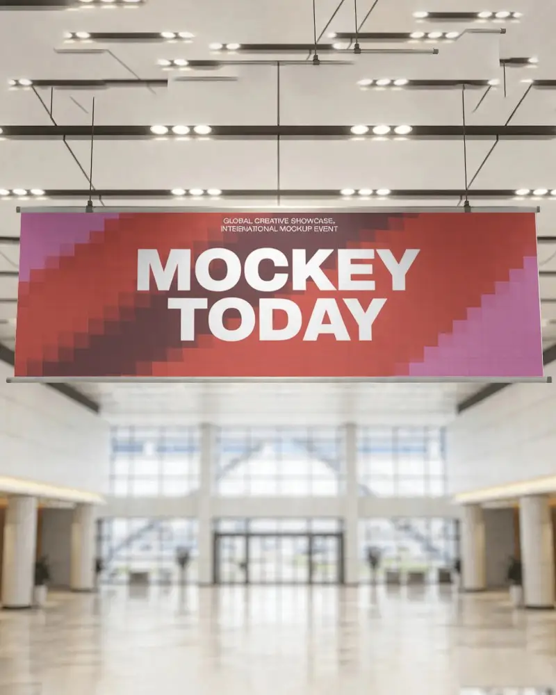 Large Hanging Banner Mockup In Modern Commercial Building Lobby For Advertising Use