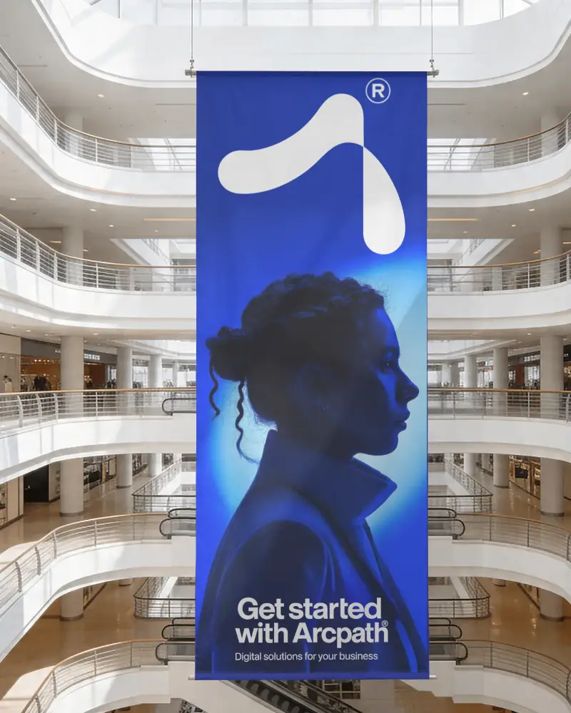 Vertical Banner Mockup In Modern Shopping Mall Attractive High Visibility Advertisement Display