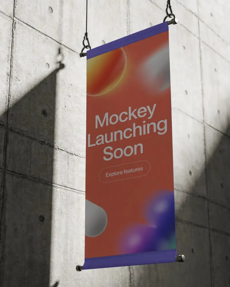 Vertical Hanging Banner Display Mockup On Textured Concrete Wall Background With Shadow