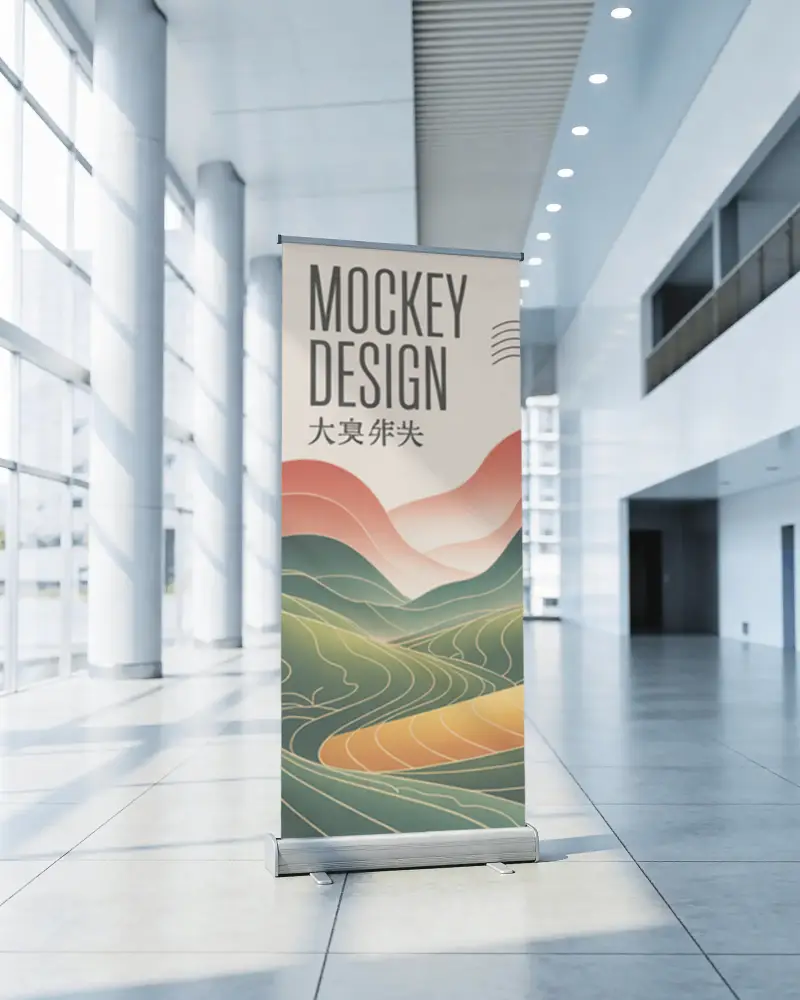 Modern Pull Up Banner Mockup In Spacious Bright Contemporary Interior Landscape