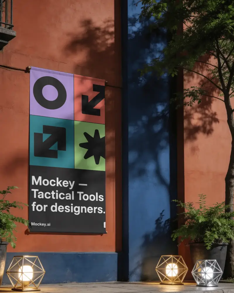 Blank Vertical Banner Mockup Outdoor In Urban Setting With Tree Shadow And Contemporary Decor