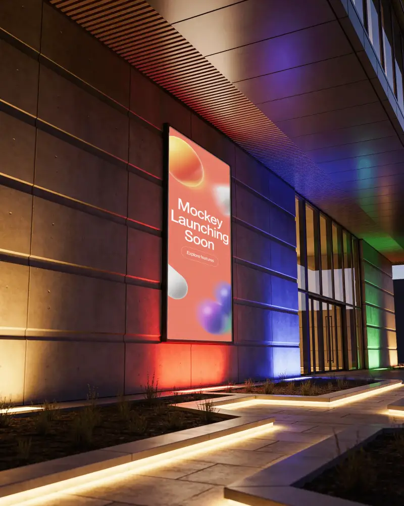 Urban Commercial Banner Mockup Lit Night Modern Architecture Exterior Design For Advertising