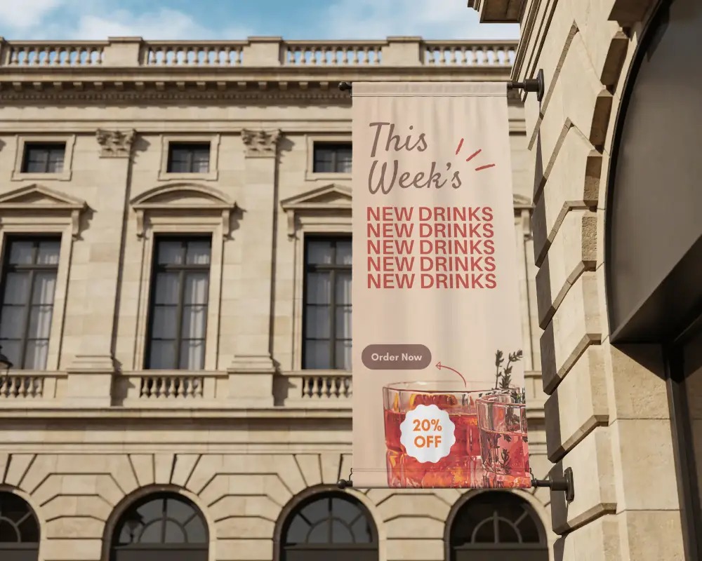 Vertical Hanging Banner Mockup On Urban Building Wall For Advertising Branding