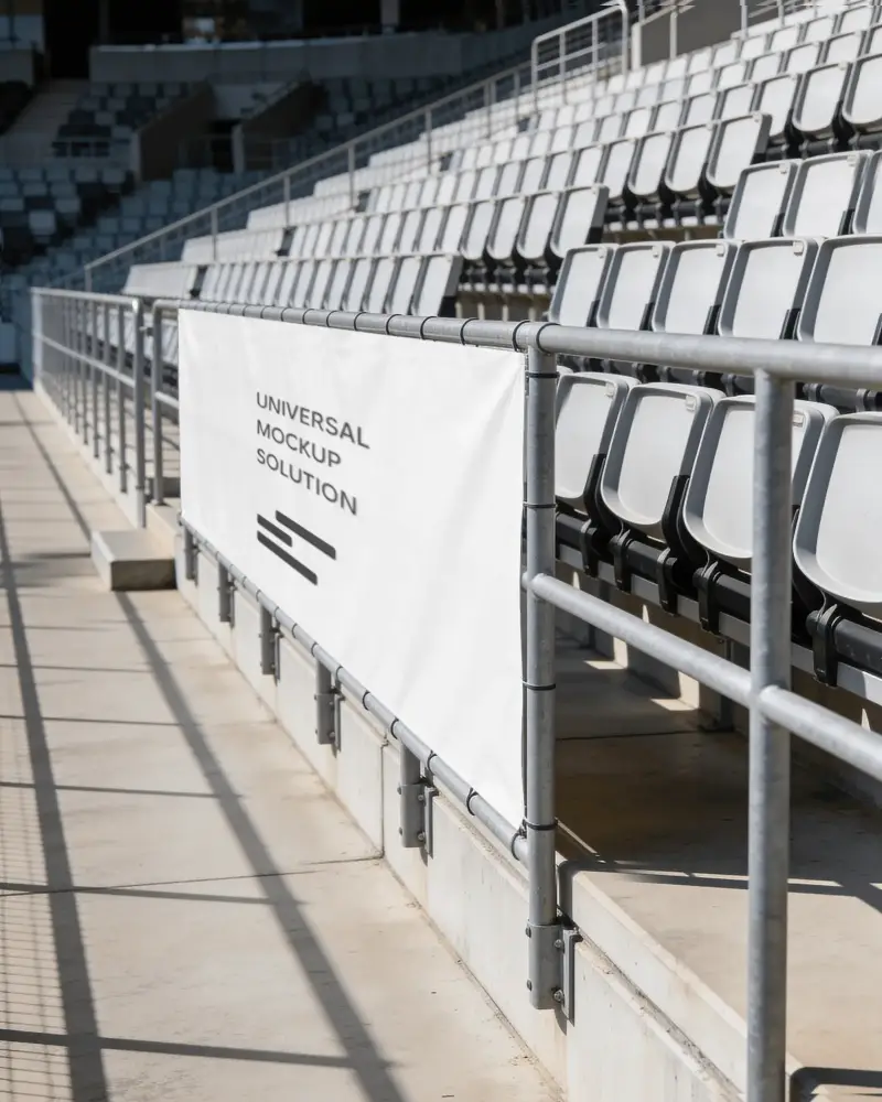 Empty Blank Advertising Banner Mockup At Sports Stadium Railing Rows Of Seats