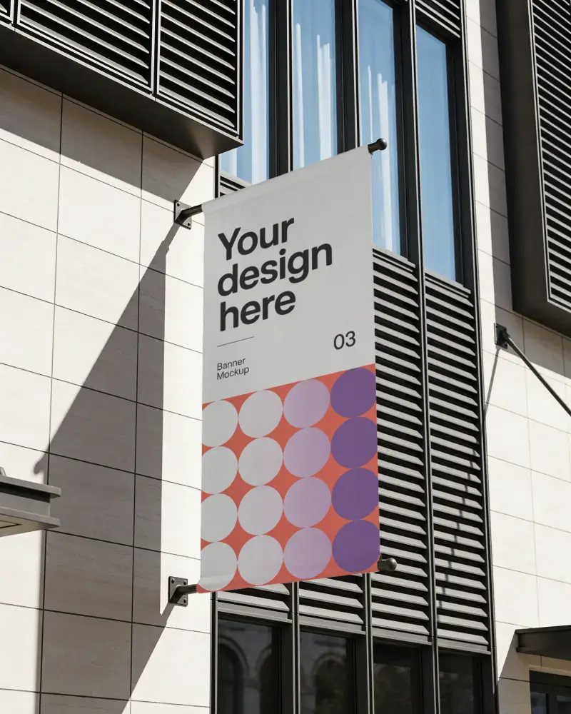 Blank Flag Style Commercial Banner Mockup Hanging On Building Exterior Wall Design