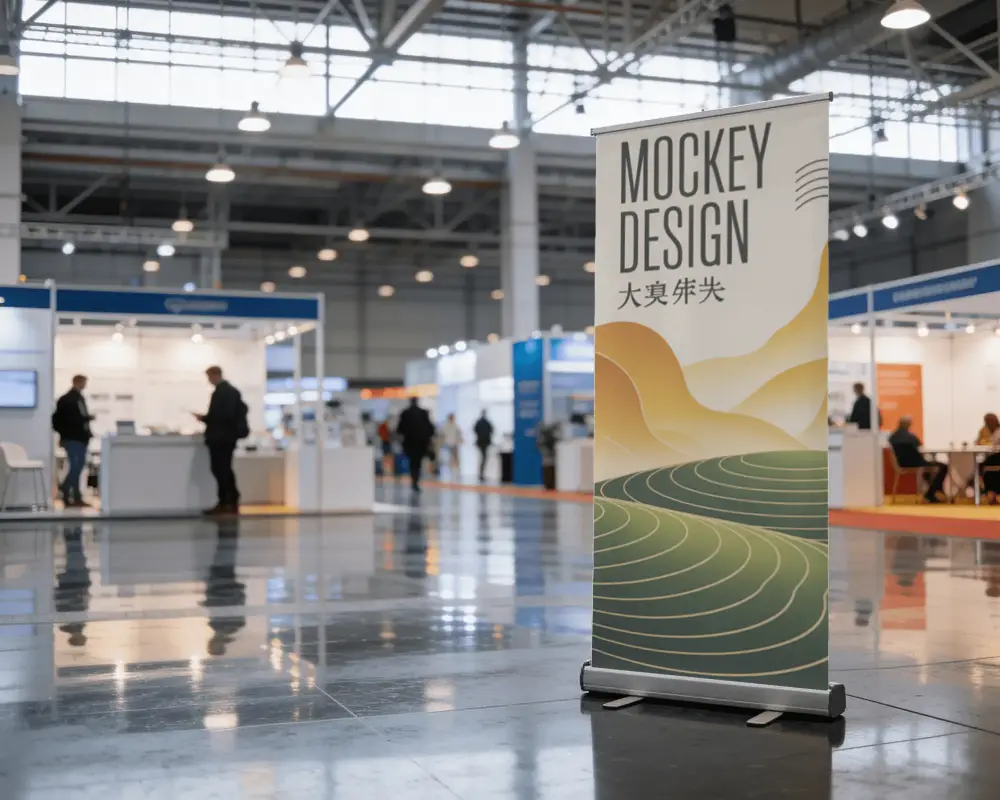 Retractable Pull Up Banner Mockup Positioned On Shiny Exhibition Floor For Promotional Use
