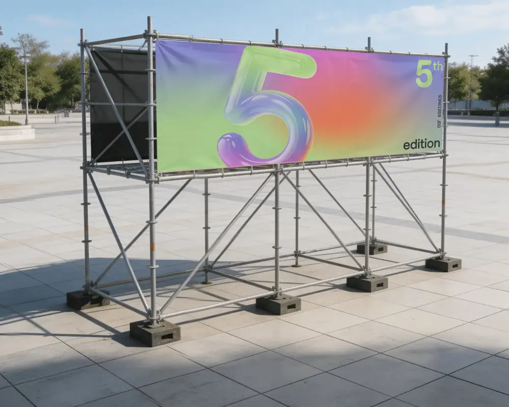 Freestanding Large Outdoor Banner Mockup With Metal Framework For Advertising