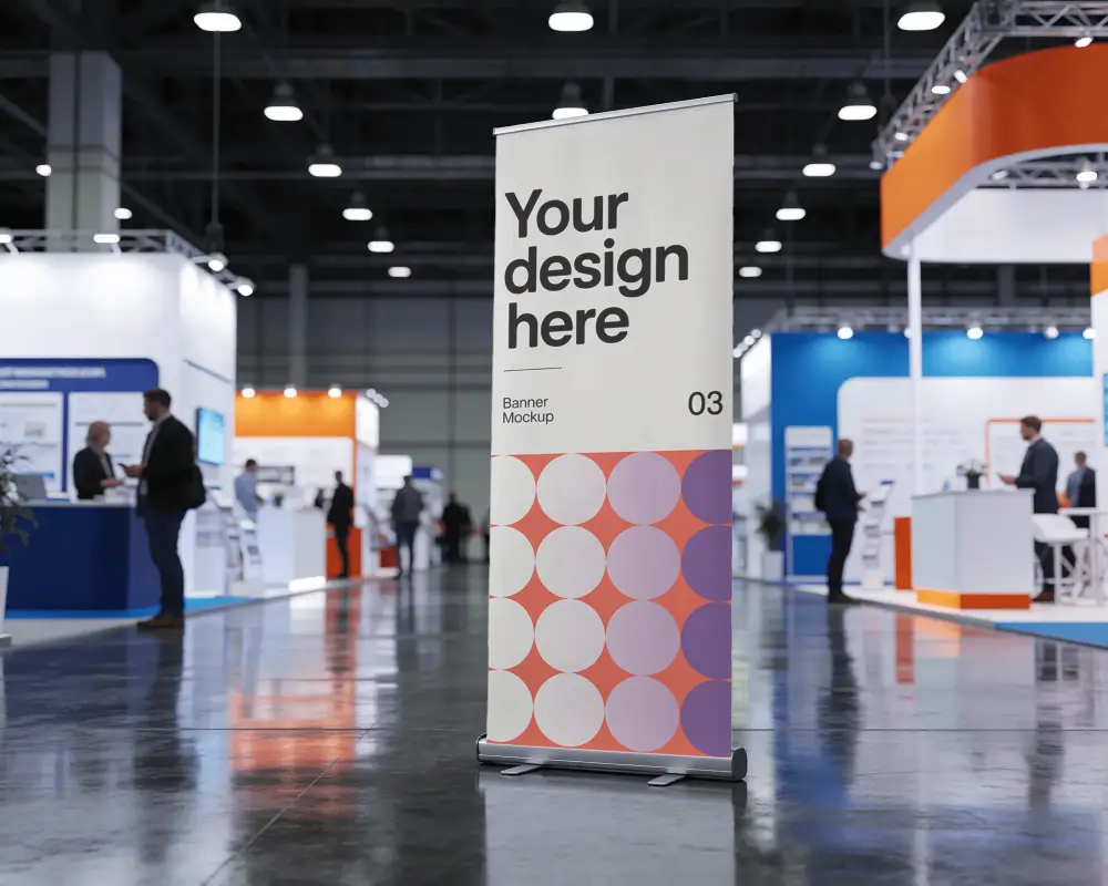 Vertical Blank Standee Banner Mockup For Indoor Trade Show And Business Promotion Usage
