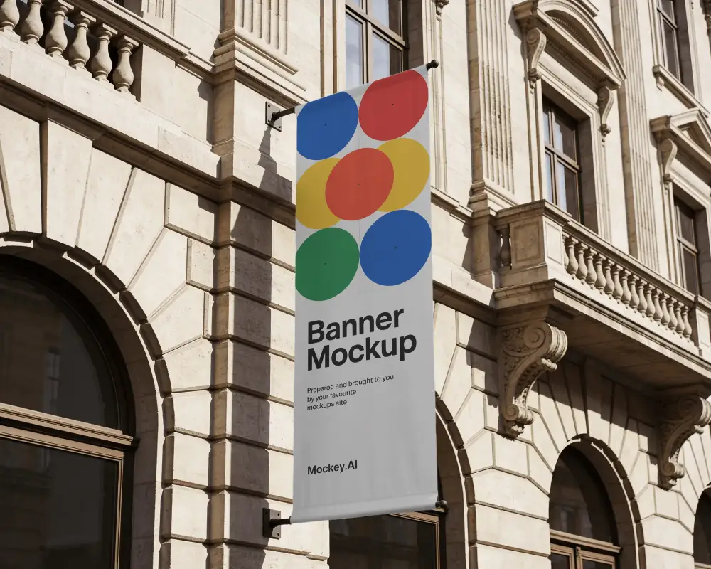 Urban Architecture Hanging Outdoor Banner Mockup On Classic Facade For Promotion