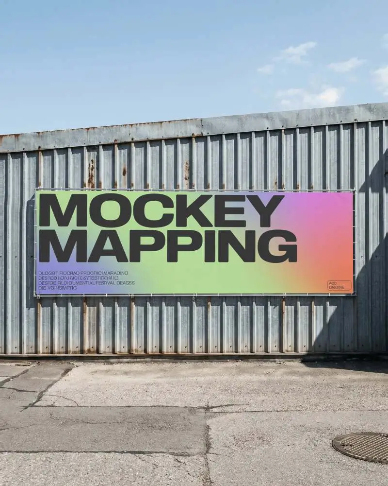 Blank Industrial Banner Mockup On Metal Wall For Urban Advertisement And Promotion Display