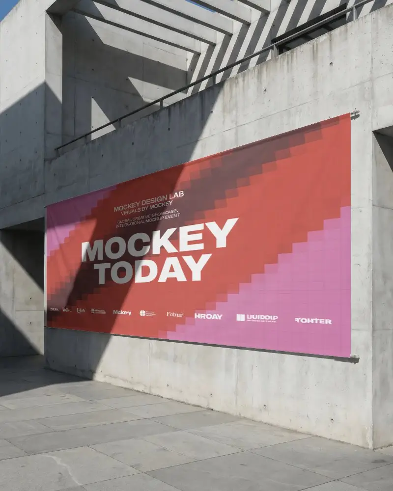 Large Blank Banner Mockup On Concrete Wall With Modern Architecture Shadows Urban Style