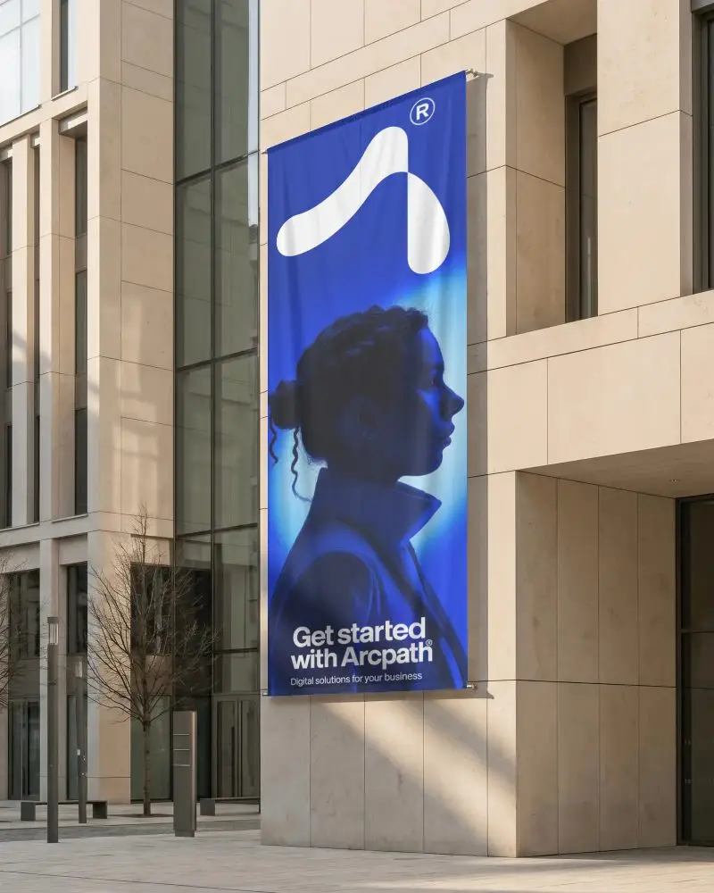 Vertical Fabric Banner Mockup On Modern Office Building Wall Design Template