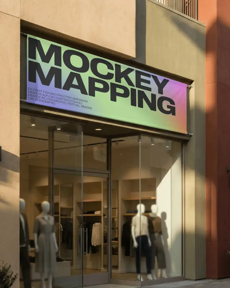 Modern Retail Storefront Banner Mockup With Glass Entrance And Display Window For Fashion Advertising