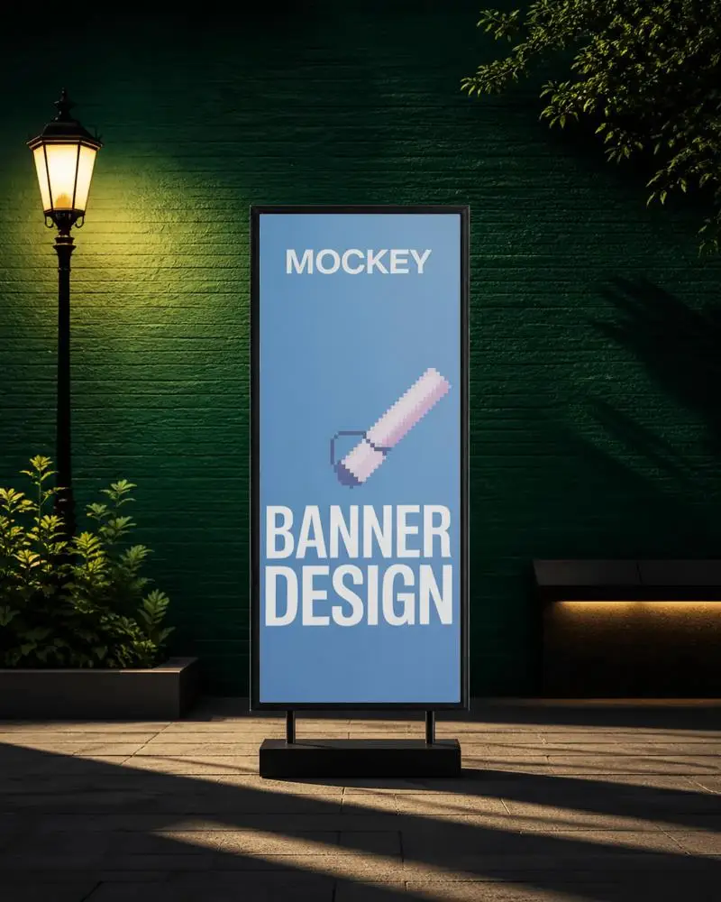 Outdoor Vertical Banner Mockup On City Street With Lamp Post And Plant Background