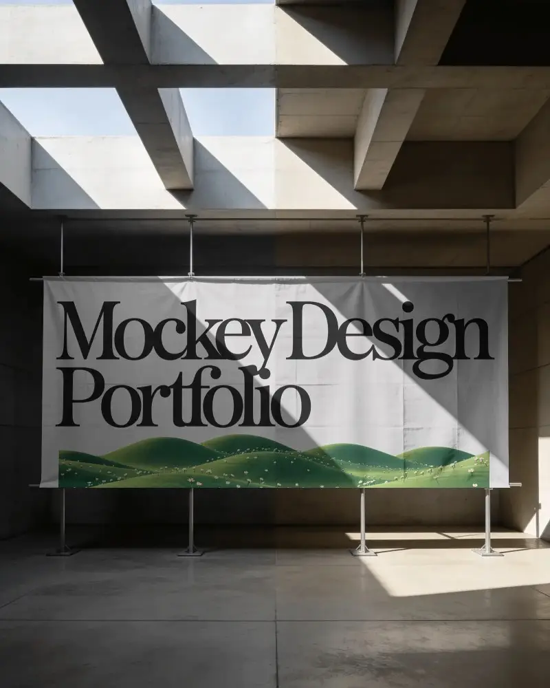 Modern Large Hanging Banner Mockup For Advertising Display In Architectural Interior Space
