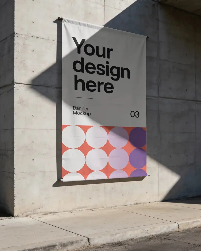 Blank Vertical Banner Hanging On Outdoor Concrete Wall With Natural Light And Shadow