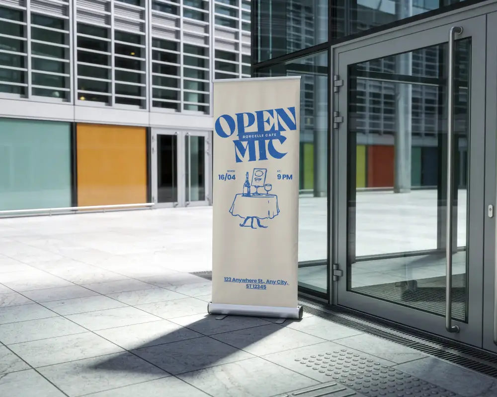 Blank Retractable Banner Mockup Stand In Front Of Glass Door For Event Exhibition Presentation