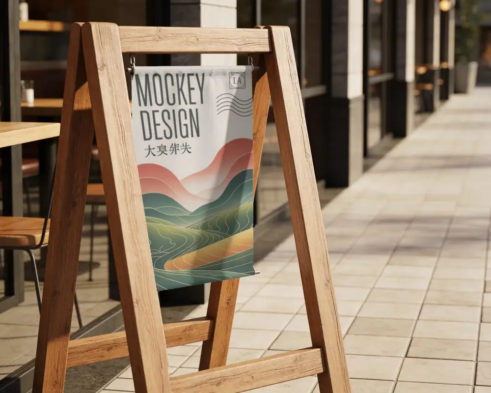 Outdoor Wooden Frame Banner Mockup For Retail Storefronts And Cafes Promotion Ideas