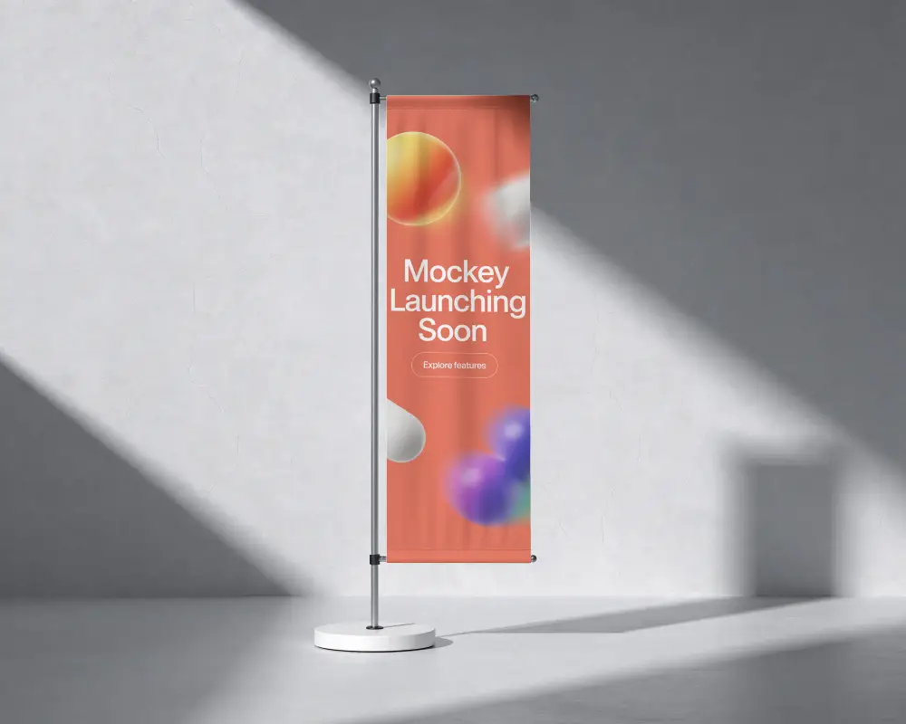 Vertical Floor Stand Blank Banner Mockup In Minimalistic Interior Space Setting