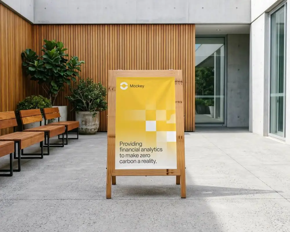 Freestanding Wooden Banner Mockup For Outdoor Cafe Patio Display With Plants And Benches