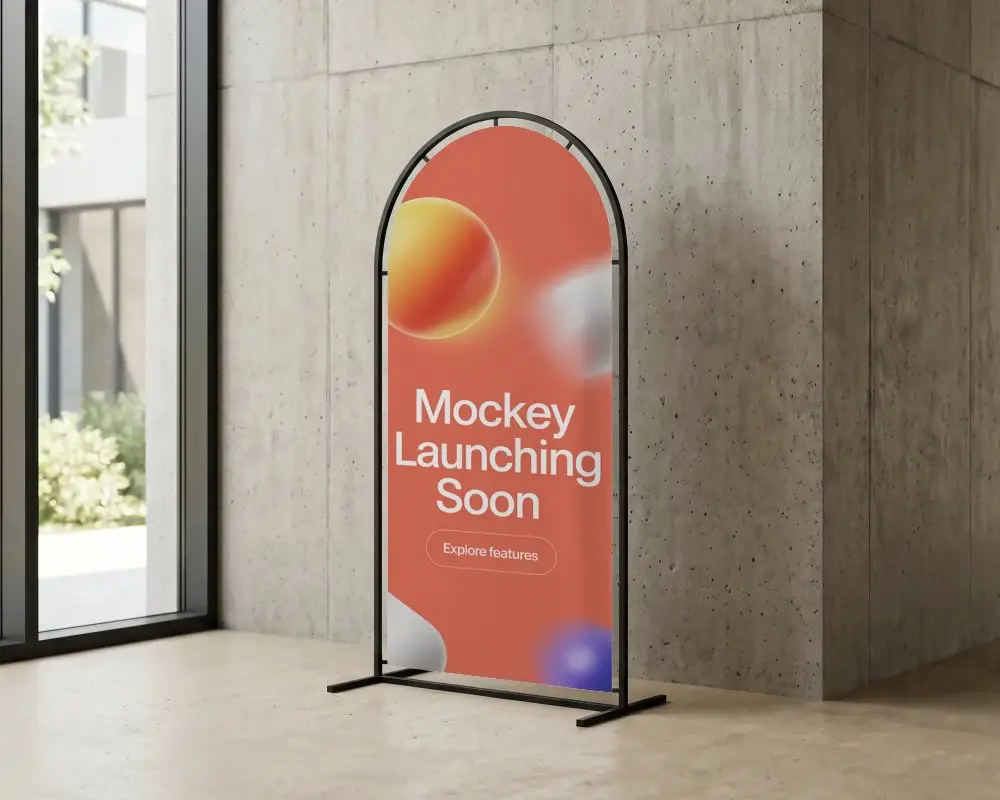 Tall Arched Fabric Banner Mockup With Minimalist Stand For Retail Store Or Trade Show Exhibitions