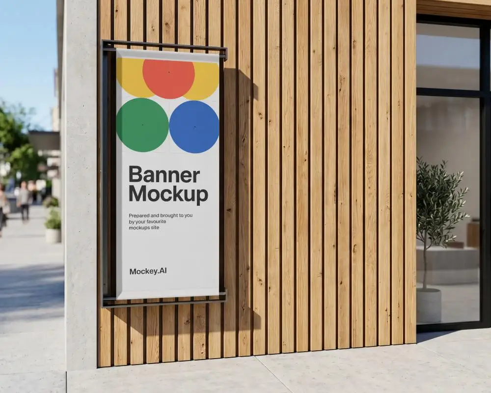 Sleek Vertical Banner Mockup On Modern Wood Panel Wall For Realistic Advertising Display