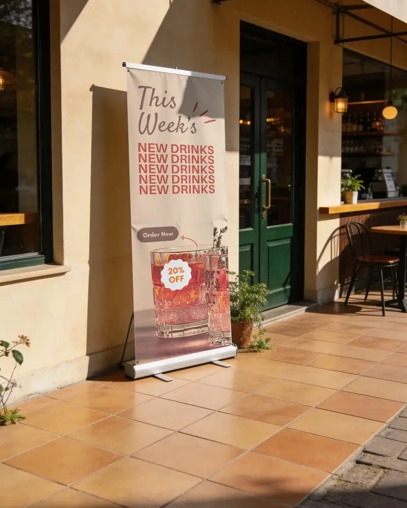 Portable Advertising Banner Mockup On Tiled Floor In Front Of Cafe Entrance