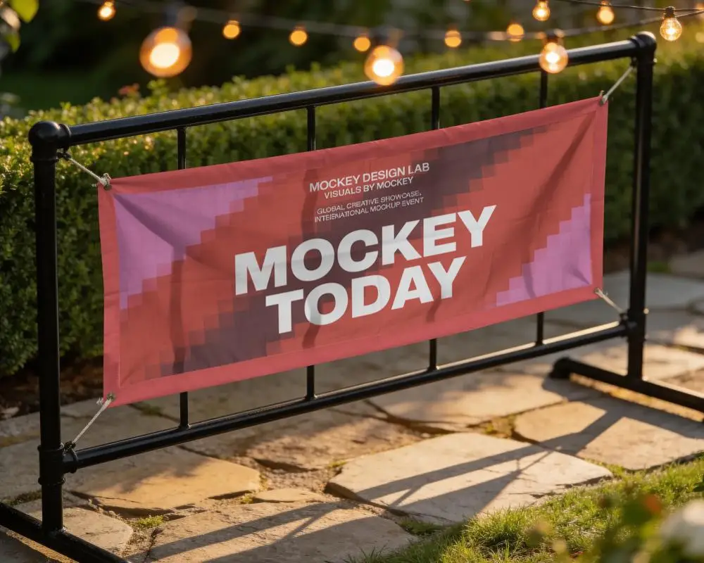 Outdoor Fabric Banner Mockup On Metal Fence With String Lights And Garden Pathway Background