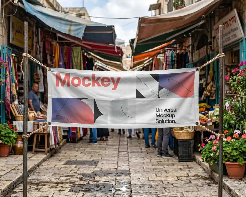 Empty Banner Mockup In Bustling Outdoor Market For Customizable Promotional Content Display