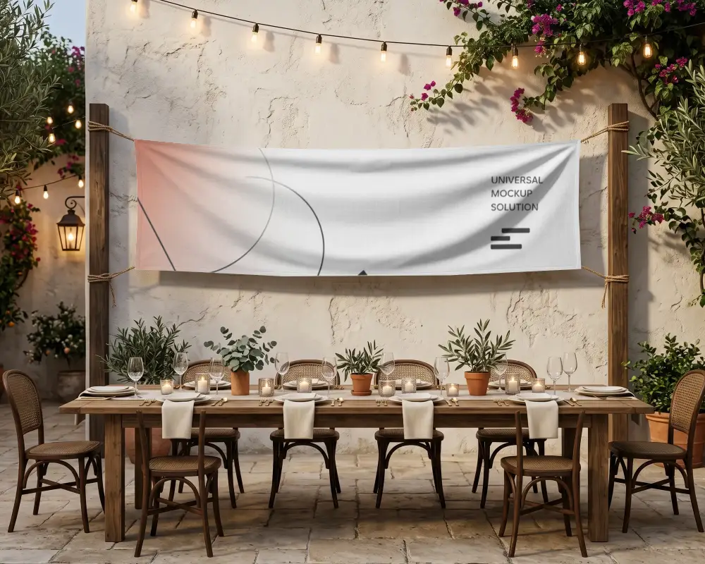 Garden Party Decor With Blank Banner Mockup For Personalized Messages And Announcements